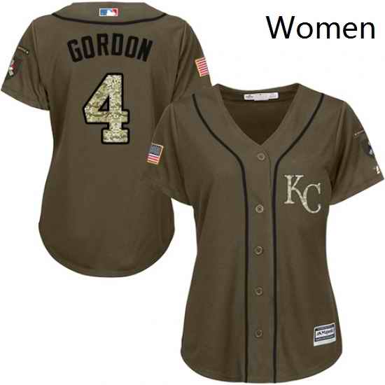 Womens Majestic Kansas City Royals 4 Alex Gordon Authentic Green Salute to Service MLB Jersey